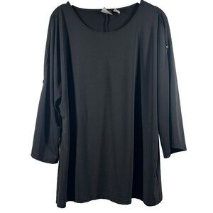 Chicos Women's Top Size 2 Large Solid Black Bell 3/4 Split Sleeves Stretch